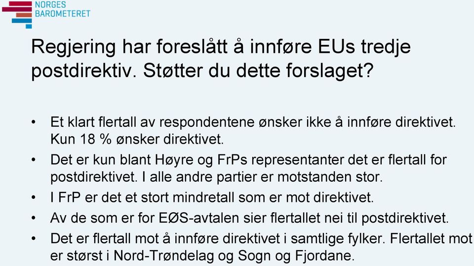 Det er kun blant Høyre og FrPs representanter det er flertall for postdirektivet. I alle andre partier er motstanden stor.