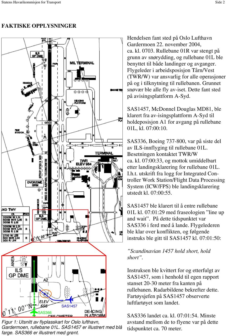 Flygeleder i arbeidsposisjon Tårn/Vest (TWR/W) var ansvarlig for alle operasjoner på og i tilknytning til rullebanen. Grunnet snøvær ble alle fly av-iset. Dette fant sted på avisingsplattform A-Syd.