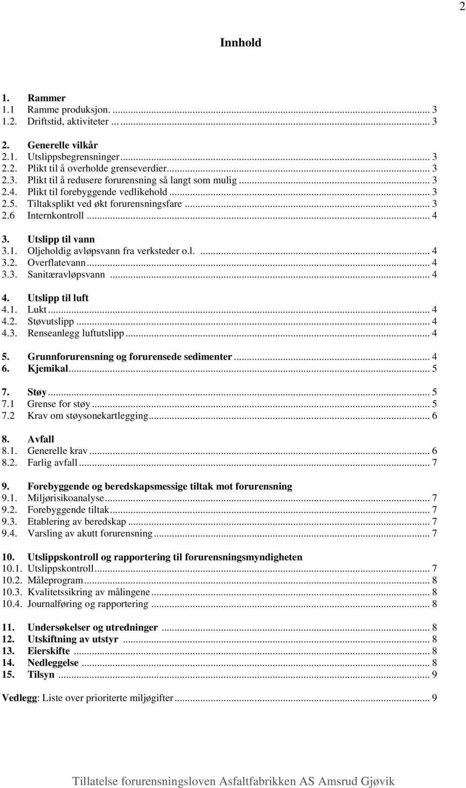 .. 4 3.3. Sanitæravløpsvann... 4 4. Utslipp til luft 4.1. Lukt... 4 4.2. Støvutslipp... 4 4.3. Renseanlegg luftutslipp... 4 5. Grunnforurensning og forurensede sedimenter... 4 6. Kjemikal... 5 7.