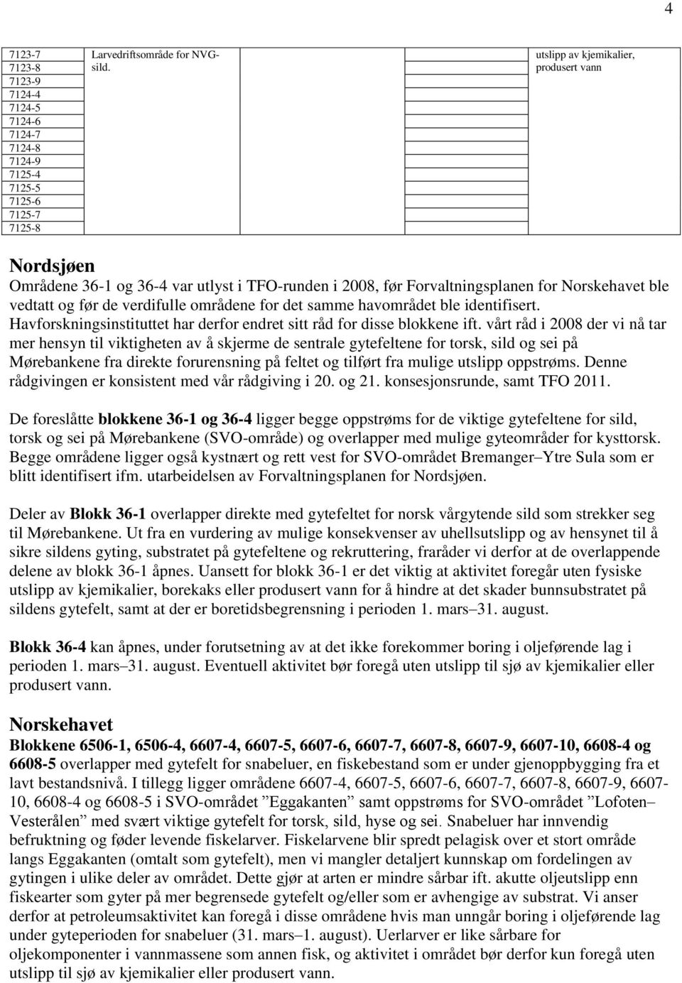 Forvaltningsplanen for Norskehavet ble vedtatt og før de verdifulle områdene for det samme havområdet ble identifisert. Havforskningsinstituttet har derfor endret sitt råd for disse blokkene ift.