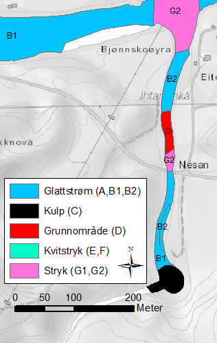 EITERÅGA Eiteråga renner ut nede på den anadrome delen av Beiarelva. Vassdraget har et nedbørfelt på 48 km², og gjennomsnittlig vannføring er beregnet til 3,5 m³/s (tabell 12).