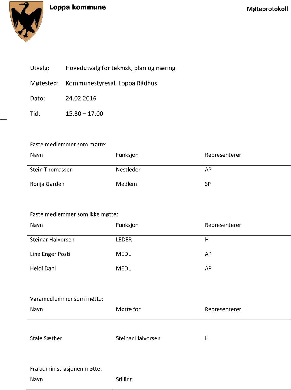 Faste medlemmer som ikke møtte: Navn Funksjon Representerer Steinar Halvorsen LEDER H Line Enger Posti MEDL AP Heidi Dahl MEDL