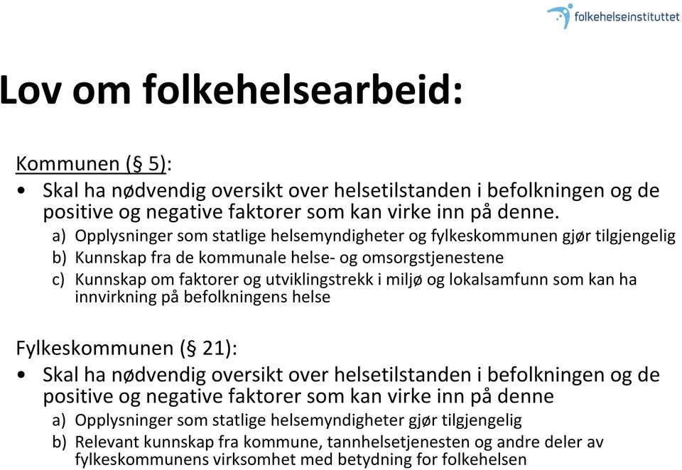 og lokalsamfunn som kan ha innvirkning på befolkningens helse Fylkeskommunen ( 21): Skal ha nødvendig oversikt over helsetilstanden i befolkningen og de positive og negative faktorer som