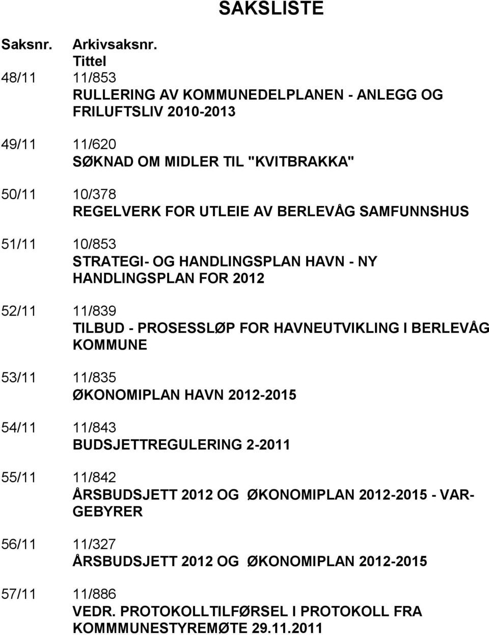 UTLEIE AV BERLEVÅG SAMFUNNSHUS 51/11 10/853 STRATEGI- OG HANDLINGSPLAN HAVN - NY HANDLINGSPLAN FOR 2012 52/11 11/839 TILBUD - PROSESSLØP FOR HAVNEUTVIKLING I