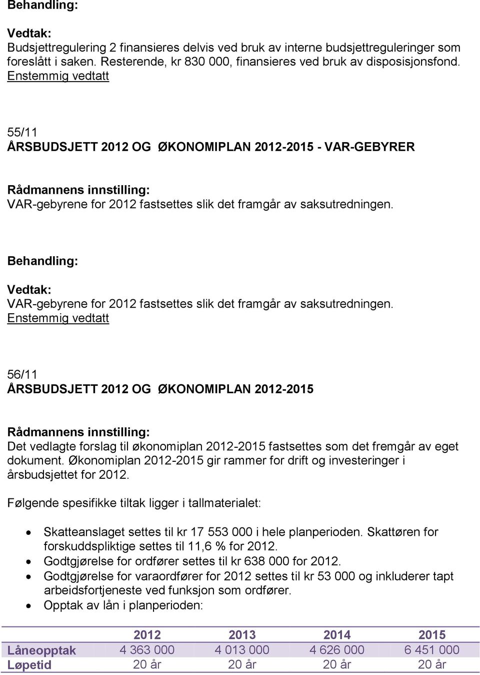 VAR-gebyrene for 2012 fastsettes slik det framgår av saksutredningen.