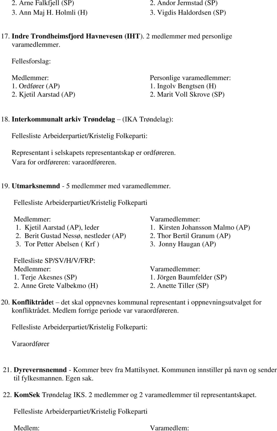 Vara for ordføreren: varaordføreren. 19. Utmarksnemnd - 5 medlemmer med varamedlemmer. 1. Kjetil Aarstad (AP), leder 1. Kirsten Johansson Malmo (AP) 2. Berit Gustad Nessø, nestleder (AP) 2.