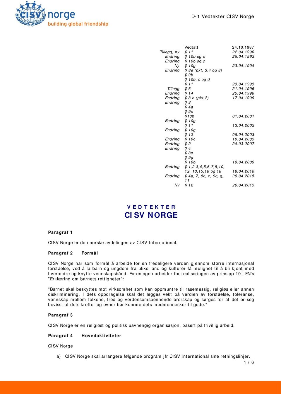Endring 10c 10.04.2005 Endring 2 24.03.2007 Endring 4 8c 9g Endring Endring Ny 10b 1,2,3,4,5,6,7,8,10, 12, 13,15,16 og 18 4a, 7, 8c, e, 9c, g, 11 12 19.04.2009 18.04.2010 26.04.2015 26.04.2015 V E D T E K T E R CISV NORGE Paragraf 1 CISV Norge er den norske avdelingen av CISV International.