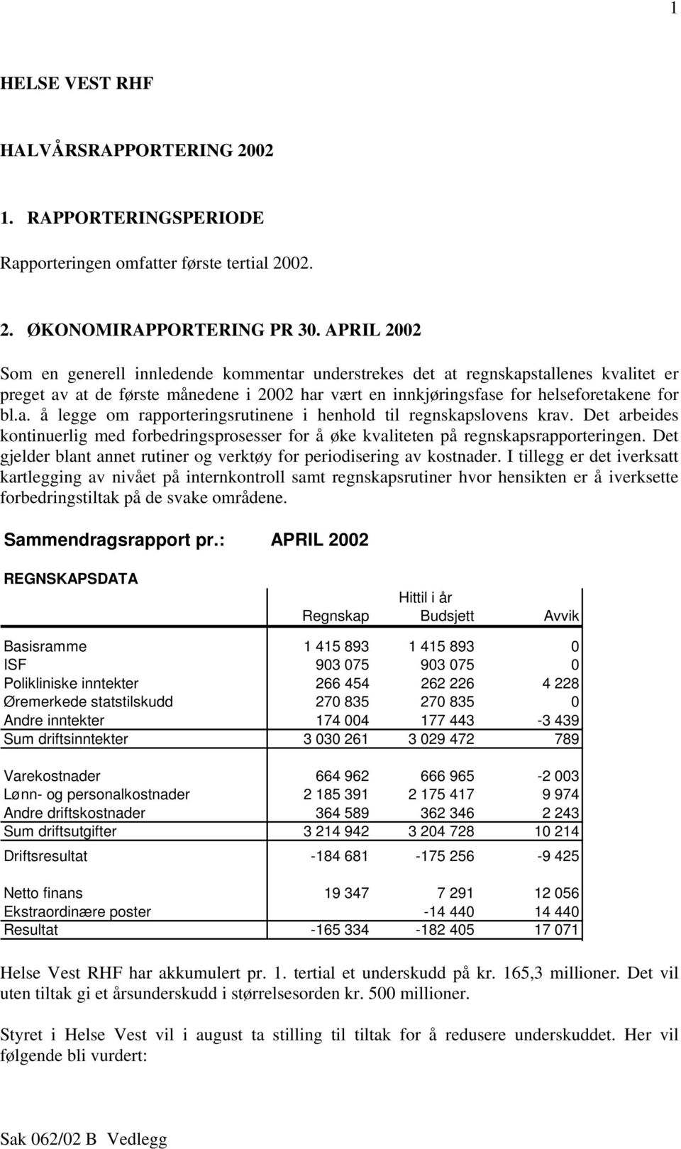 Det arbeides kontinuerlig med forbedringsprosesser for å øke kvaliteten på regnskapsrapporteringen. Det gjelder blant annet rutiner og verktøy for periodisering av kostnader.