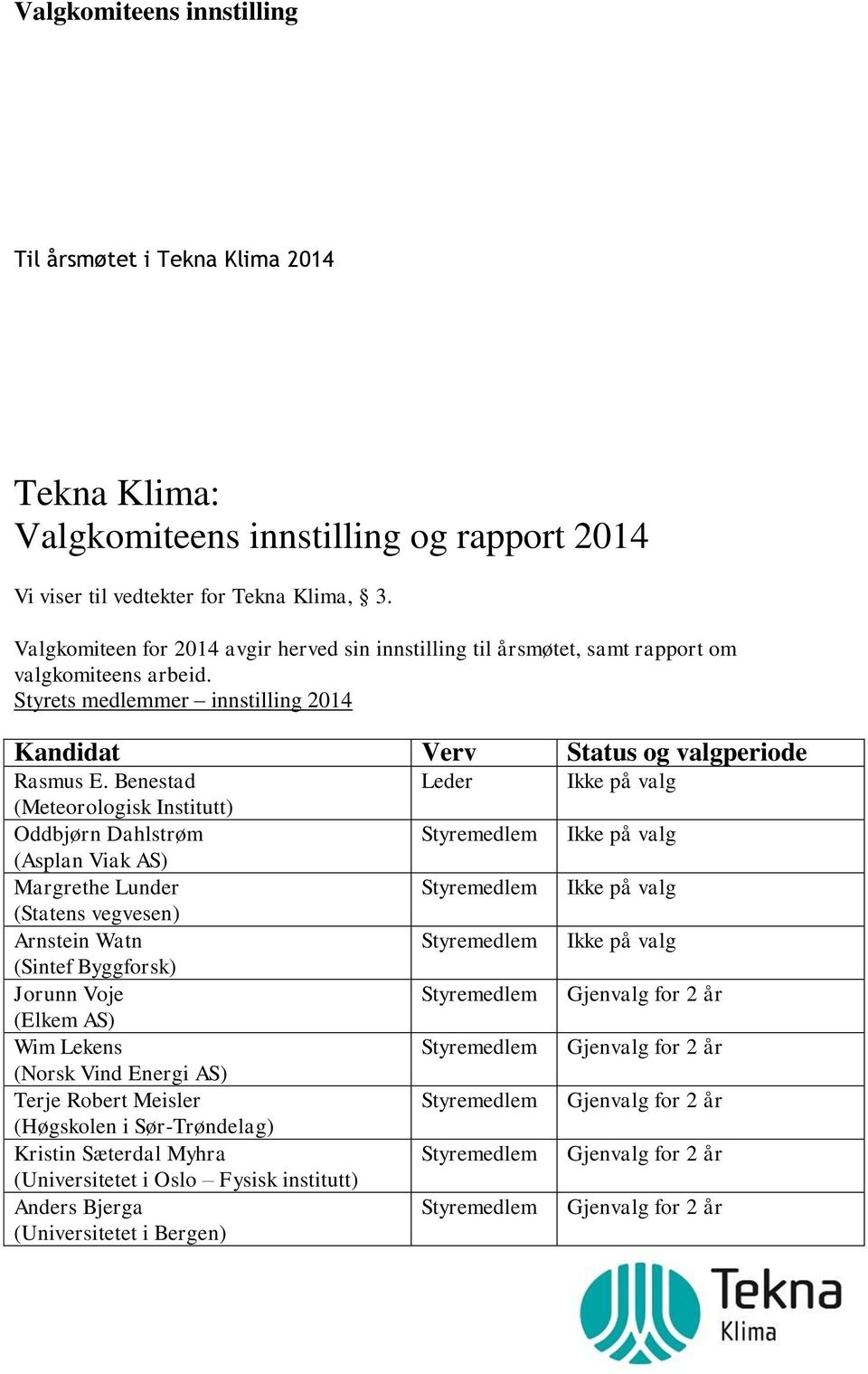 Styrets medlemmer innstilling 2014 Kandidat Verv Status og valgperiode Rasmus E.