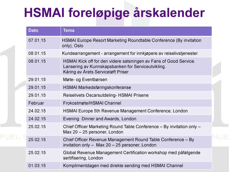 01.15 Reiselivets Oscarsutdeling- HSMAI Prisene Februar Frokostmøte/HSMAI Channel 24.02.15 HSMAI Europe 5th Revenue Management Conference, London 24.02.15 Evening Dinner and Awards, London 25.02.15 Chief Officer Marketing Round Table Conference By invitation only Max 20 25 personer, London 25.