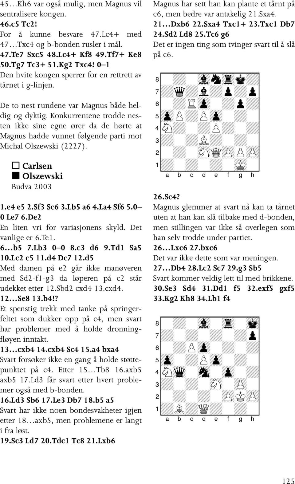 Konkurrentene trodde nesten ikke sine egne ører da de hørte at Magnus hadde vunnet følgende parti mot Michal Olszewski (2227). Carlsen Olszewski Budva 2003 1.e4 e5 2.Sf3 Sc6 3.Lb5 a6 4.La4 Sf6 5.