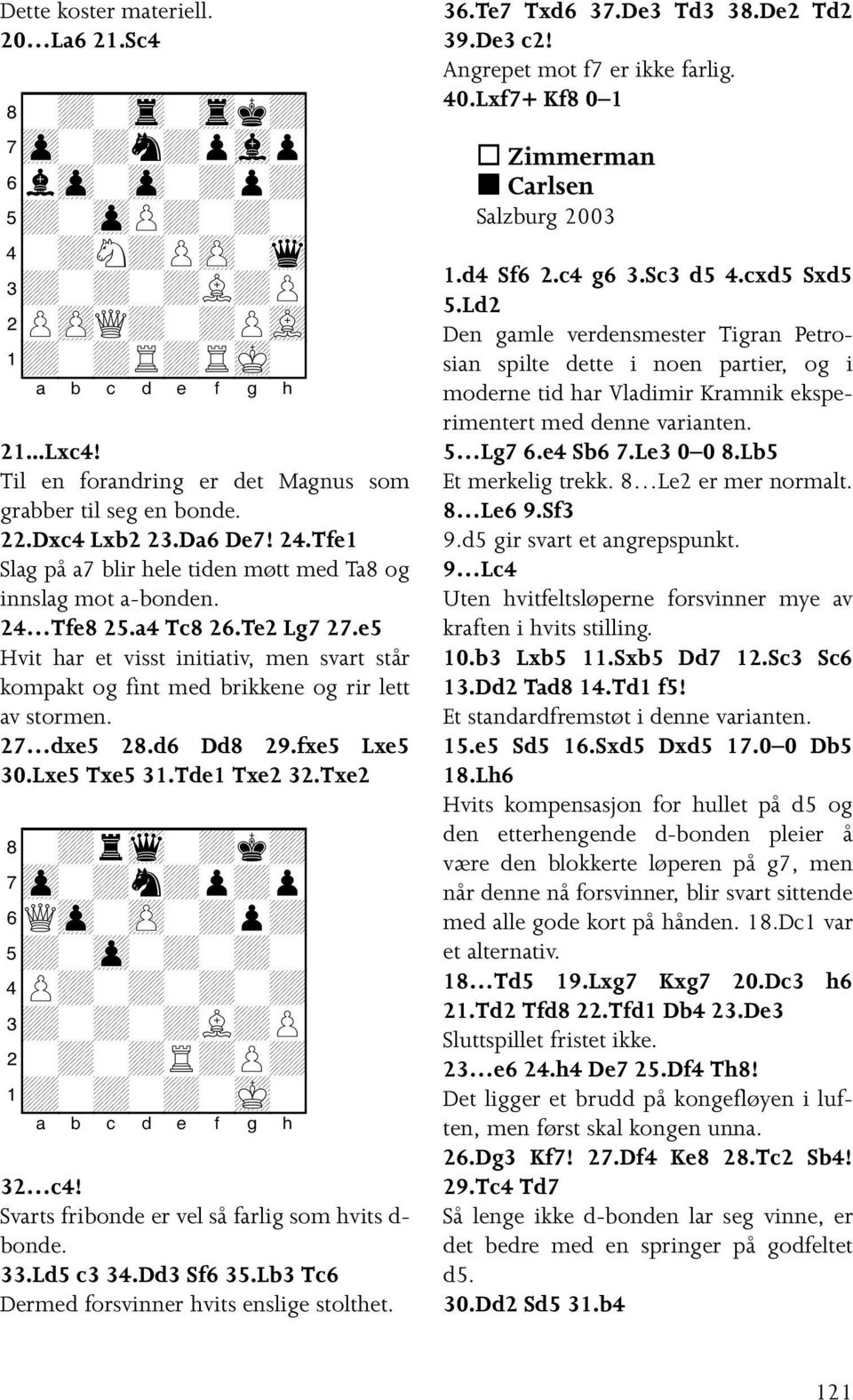 e5 Hvit har et visst initiativ, men svart står kompakt og fint med brikkene og rir lett av stormen. 27 dxe5 28.d6 Dd8 29.fxe5 Lxe5 30.Lxe5 Txe5 31.Tde1 Txe2 32.
