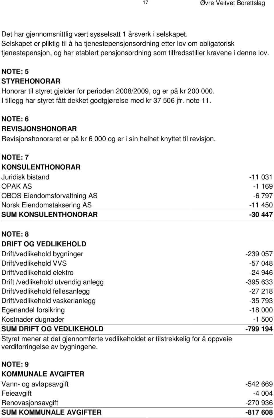 N O T E : 5 S T Y R E H O N O R A R Honorar til styret gjelder for perioden 2008/2009, og er på kr 200 000. I tillegg har styret fått dekket godtgjørelse med kr 37 506 jfr. note 11.