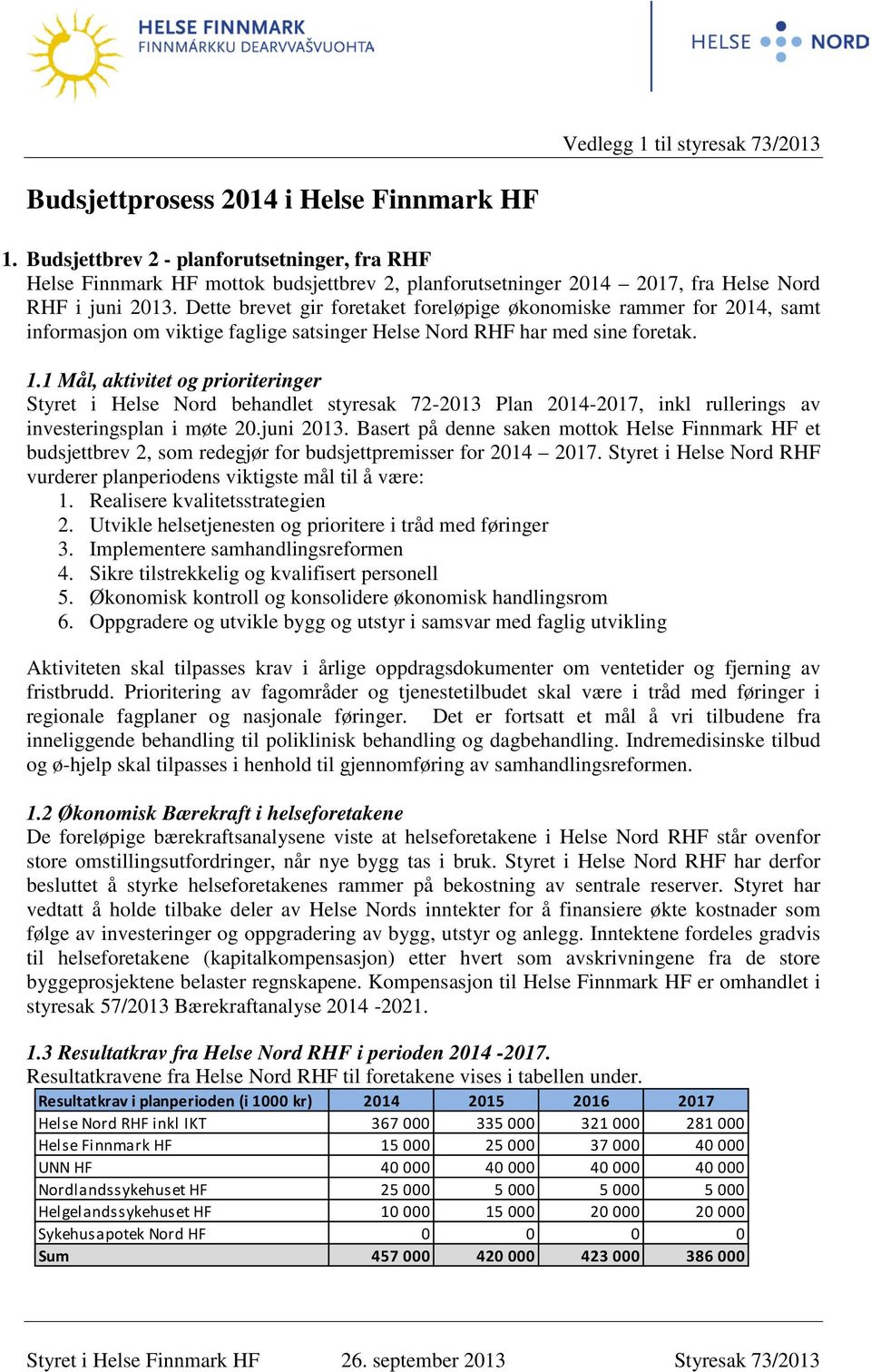 Dette brevet gir foretaket foreløpige økonomiske rammer for 2014, samt informasjon om viktige faglige satsinger Helse Nord RHF har med sine foretak. 1.