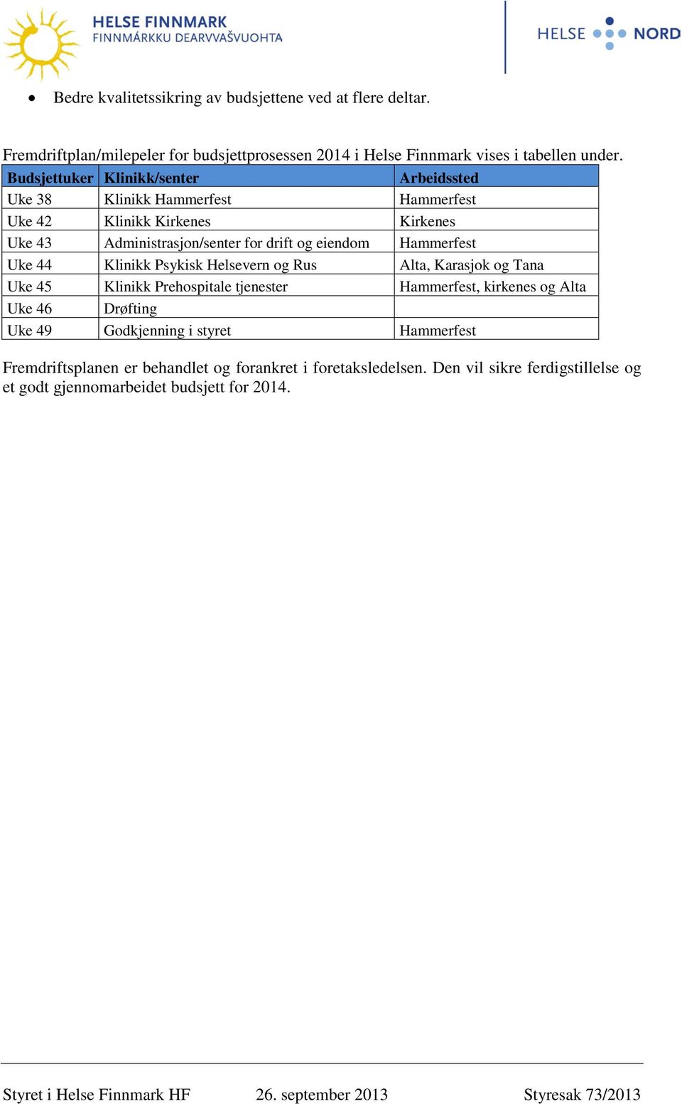 Hammerfest Uke 44 Klinikk Psykisk Helsevern og Rus Alta, Karasjok og Tana Uke 45 Klinikk Prehospitale tjenester Hammerfest, kirkenes og Alta Uke 46 Drøfting Uke