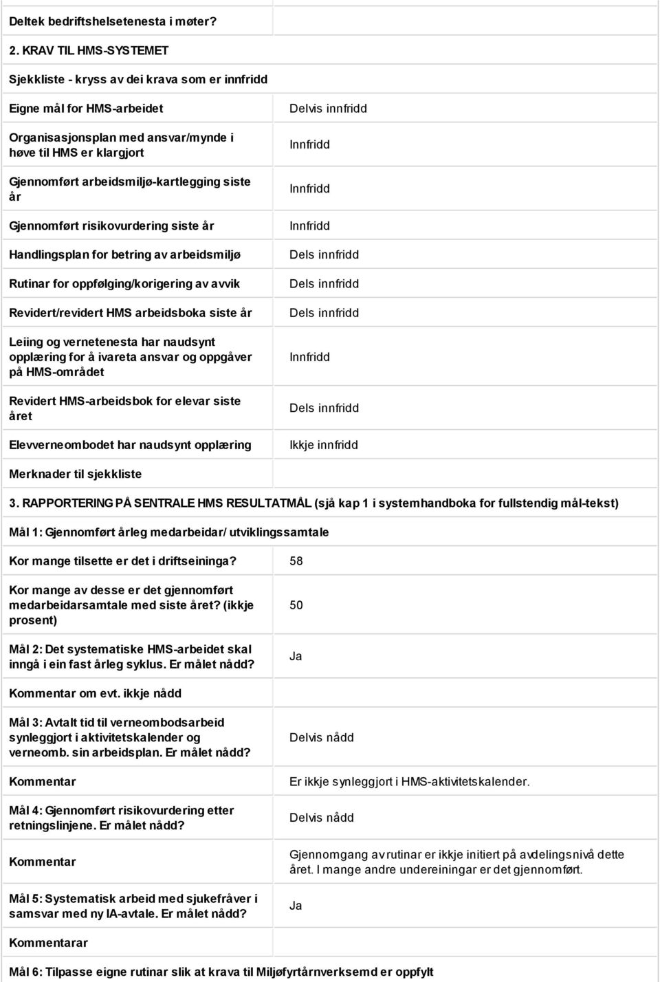 siste år Gjennomført risikovurdering siste år Handlingsplan for betring av arbeidsmiljø Rutinar for oppfølging/korigering av avvik Revidert/revidert HMS arbeidsboka siste år Leiing og vernetenesta