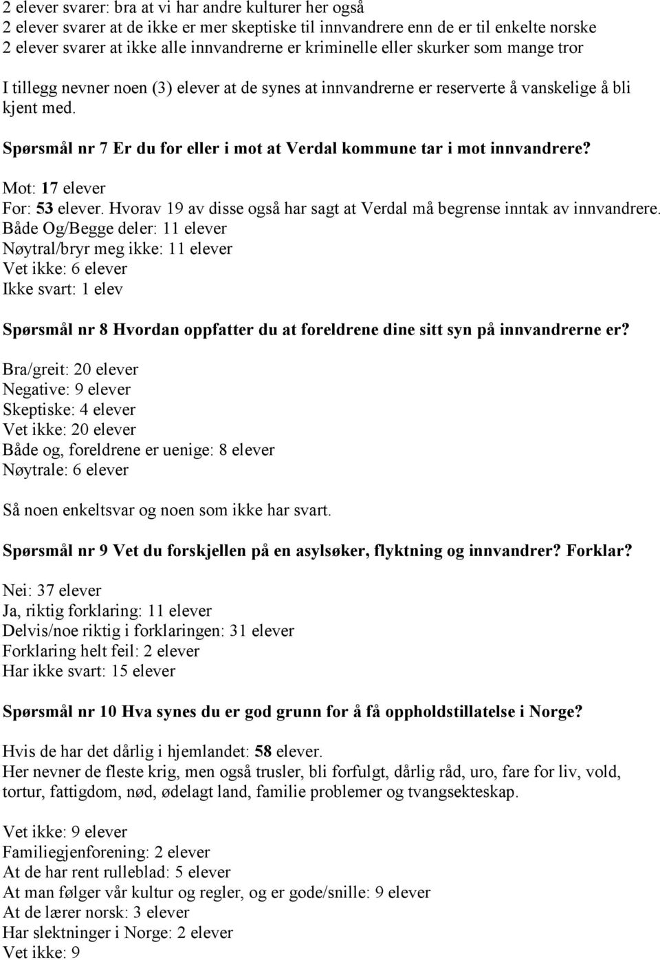 Spørsmål nr 7 Er du for eller i mot at Verdal kommune tar i mot innvandrere? Mot: 17 elever For: 53 elever. Hvorav 19 av disse også har sagt at Verdal må begrense inntak av innvandrere.