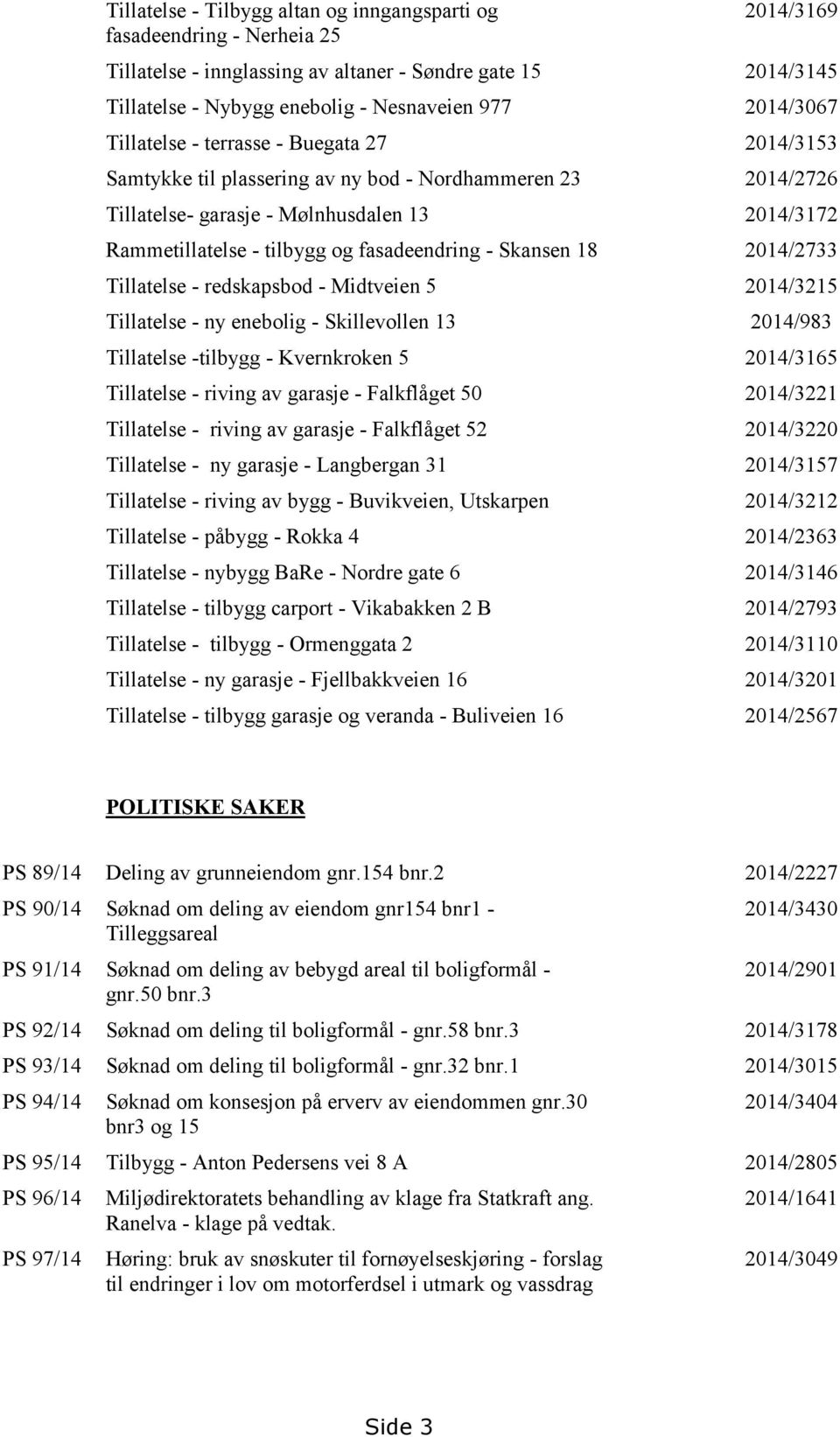 fasadeendring - Skansen 18 2014/2733 Tillatelse - redskapsbod - Midtveien 5 2014/3215 Tillatelse - ny enebolig - Skillevollen 13 2014/983 Tillatelse -tilbygg - Kvernkroken 5 2014/3165 Tillatelse -