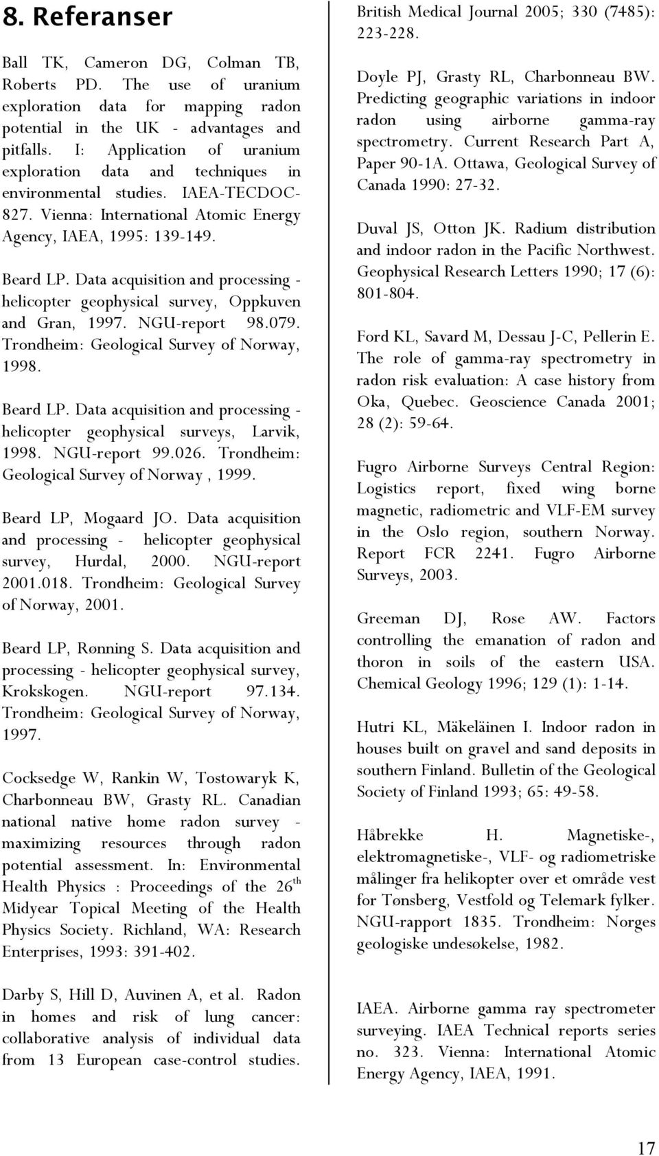 Data acquisition and processing - helicopter geophysical survey, Oppkuven and Gran, 1997. NGU-report 98.079. Trondheim: Geological Survey of Norway, 1998. Beard LP.