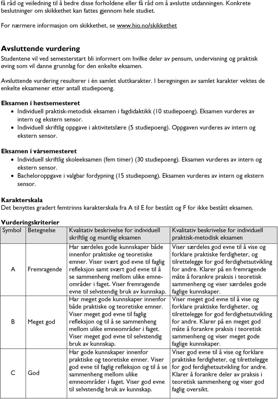 no/skikkethet Avsluttende vurdering Studentene vil ved semesterstart bli informert om hvilke deler av pensum, undervisning og praktisk øving som vil danne grunnlag for den enkelte eksamen.