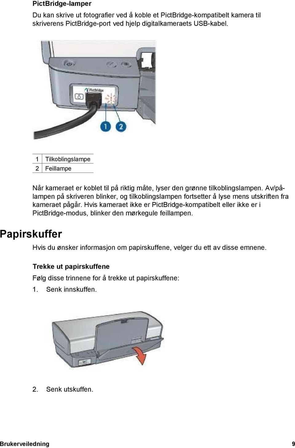 Av/pålampen på skriveren blinker, og tilkoblingslampen fortsetter å lyse mens utskriften fra kameraet pågår.