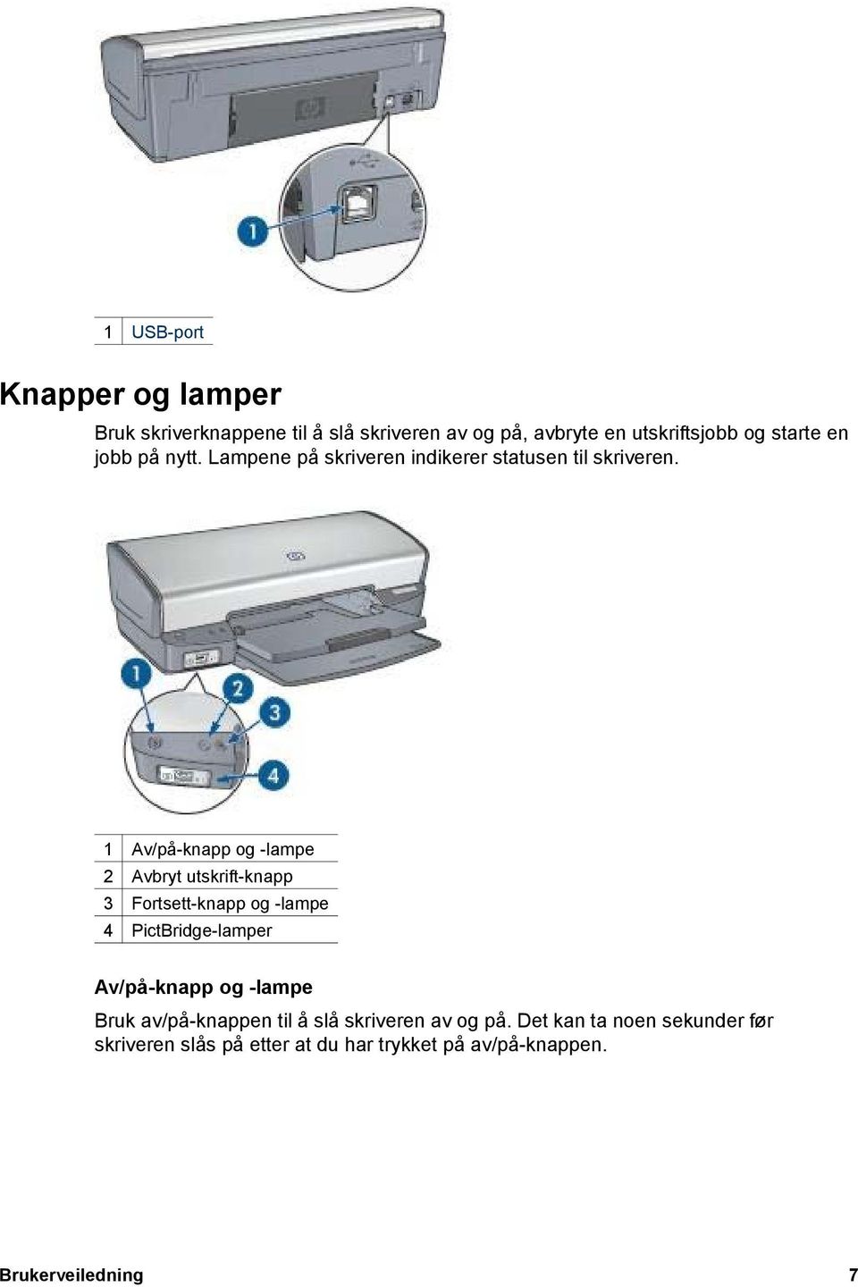 1 Av/på-knapp og -lampe 2 Avbryt utskrift-knapp 3 Fortsett-knapp og -lampe 4 PictBridge-lamper Av/på-knapp og