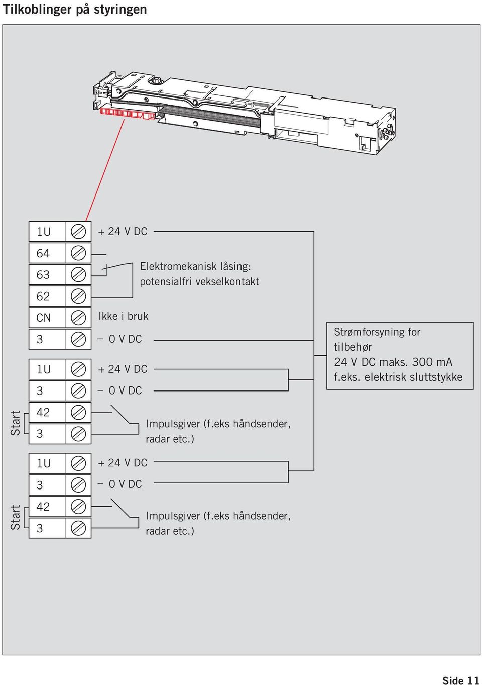Impulsgiver (f.eks håndsender, radar etc.) Impulsgiver (f.eks håndsender, radar etc.) Strømforsyning for tilbehør 24 V DC maks.