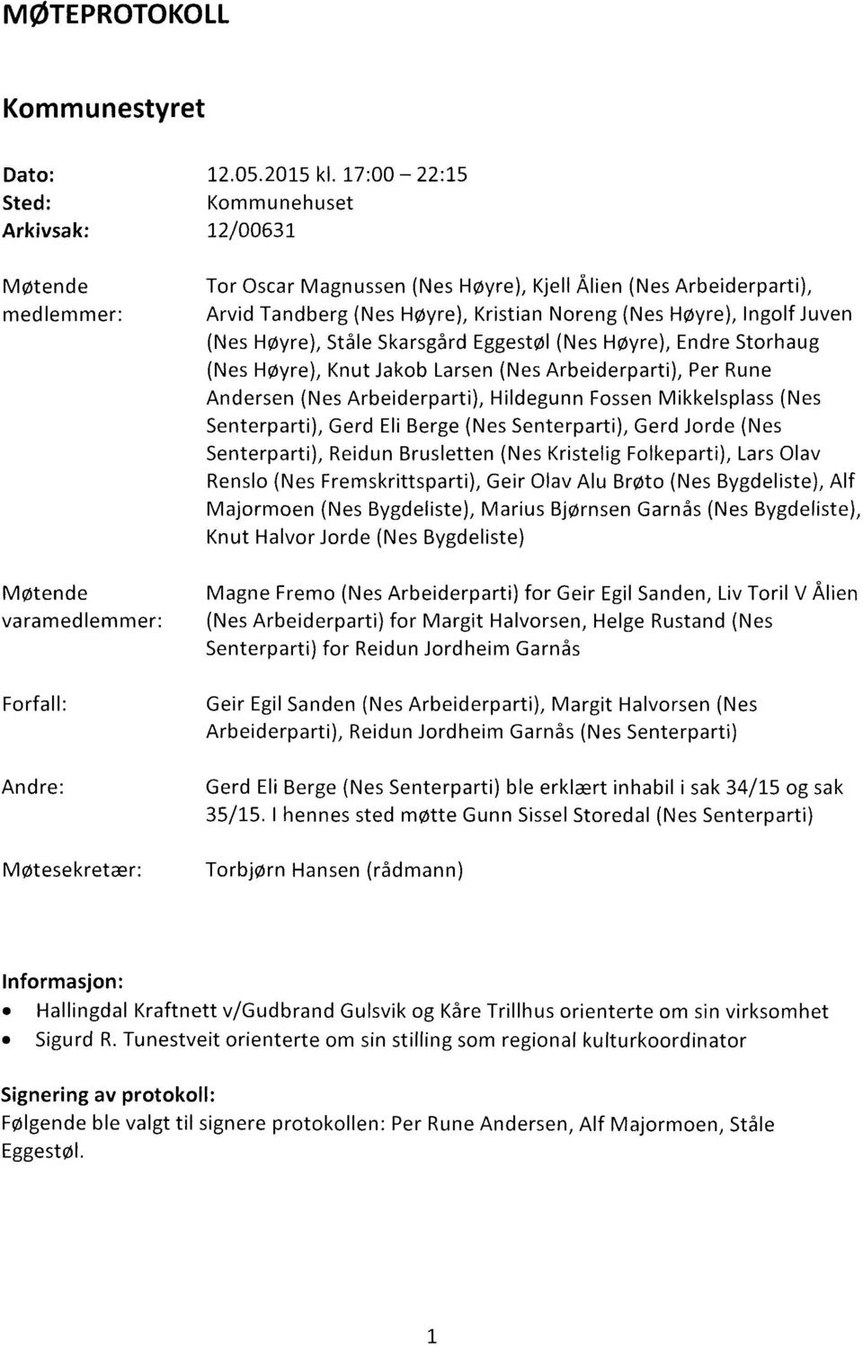 Høyre), Ståle Skarsgård Eggestøl (Nes Høyre), Endre Storhaug (Nes Høyre), Knut Jakob Larsen (Nes Arbeiderparti), Per Rune Andersen (Nes Arbeiderparti), Hildegunn Fossen Mikkelsplass (Nes