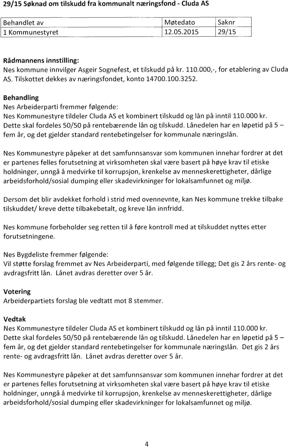 Nes Arbeiderparti fremmer følgende: Nes Kommunestyre tildeler Cluda AS et kombinert tilskudd og lån på inntil 110.000 kr. Dette skal fordeles 50/50 på rentebærende lån og tilskudd.