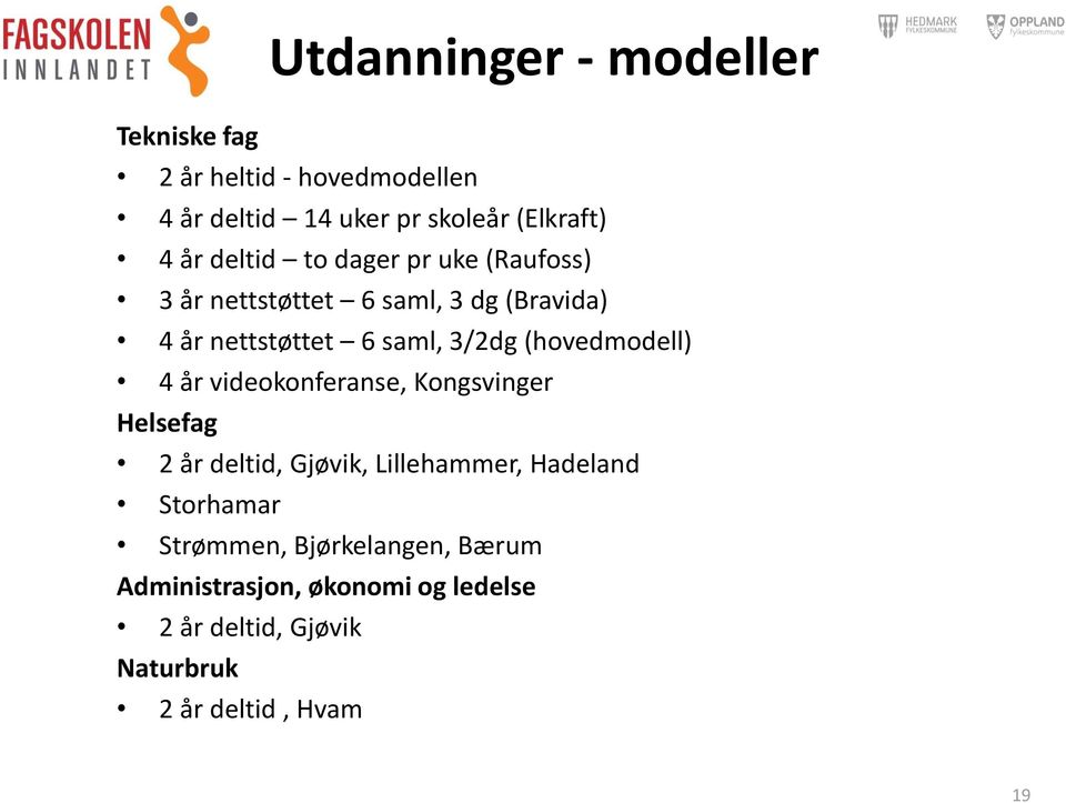 (hovedmodell) 4 år videokonferanse, Kongsvinger Helsefag 2 år deltid, Gjøvik, Lillehammer, Hadeland Storhamar