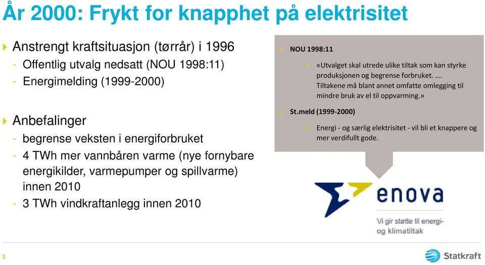 2010-3 TWh vindkraftanlegg innen 2010 NOU 1998:11 «Utvalget skal utrede ulike tiltak som kan styrke produksjonen og begrense forbruket.