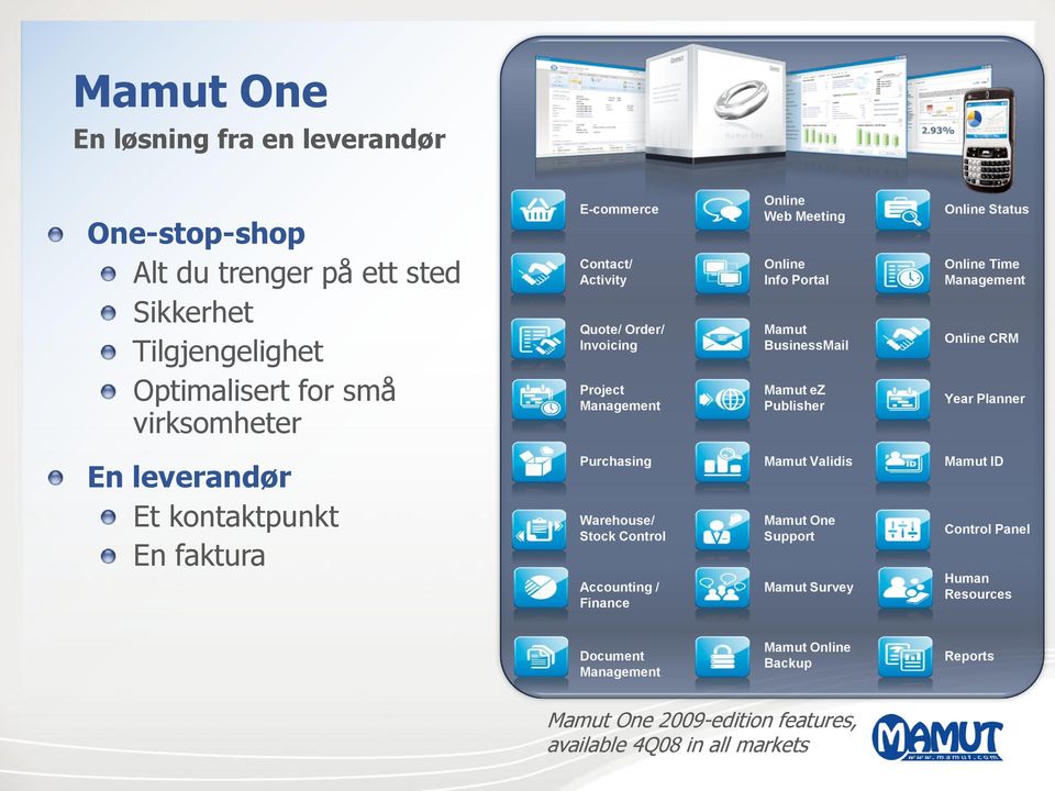 Management Online CRM Year Planner En leverandør Et kontaktpunkt En faktura Purchasing Warehouse/ Stock Control Accounting / Finance Mamut Validis Mamut One