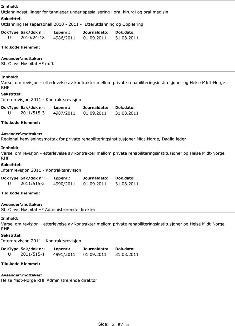 Varsel om revisjon - etterlevelse av kontrakter mellom private rehabiliteringsinstitusjoner og Helse Mdt-Norge nternrevisjon 2011 - Kontraktsrevisjon 2011/515-3 4987/2011
