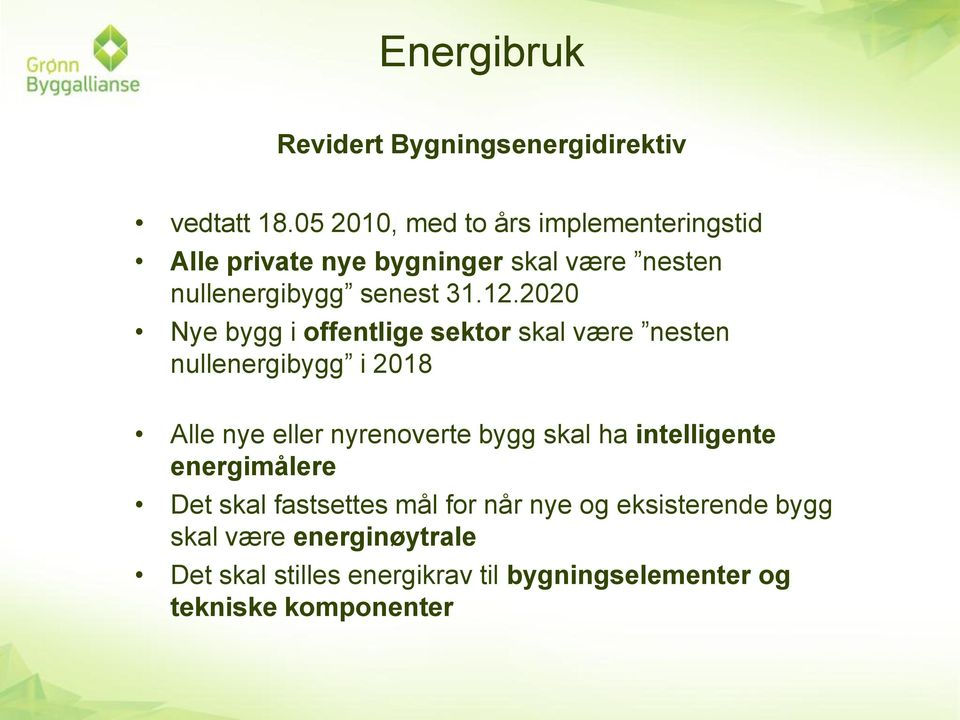 2020 Nye bygg i offentlige sektor skal være nesten nullenergibygg i 2018 Alle nye eller nyrenoverte bygg skal ha