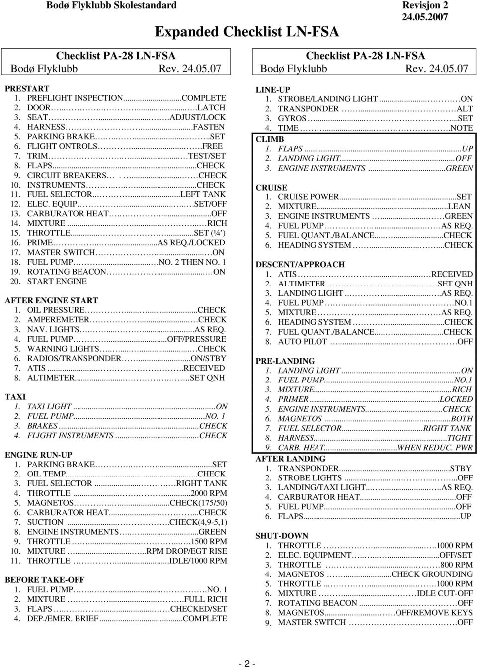 CARBURATOR HEAT....OFF 14. MIXTURE......... RICH 15. THROTTLE......SET (¼ ) 16. PRIME.....AS REQ./LOCKED 17. MASTER SWITCH... ON 18. FUEL PUMP... NO. 2 THEN NO. 1 19. ROTATING BEACON... ON 20.