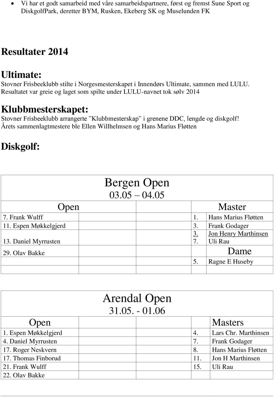 Resultatet var greie og laget som spilte under LULU-navnet tok sølv 2014 Klubbmesterskapet: Stovner Frisbeeklubb arrangerte Klubbmesterskap i grenene DDC, lengde og diskgolf!