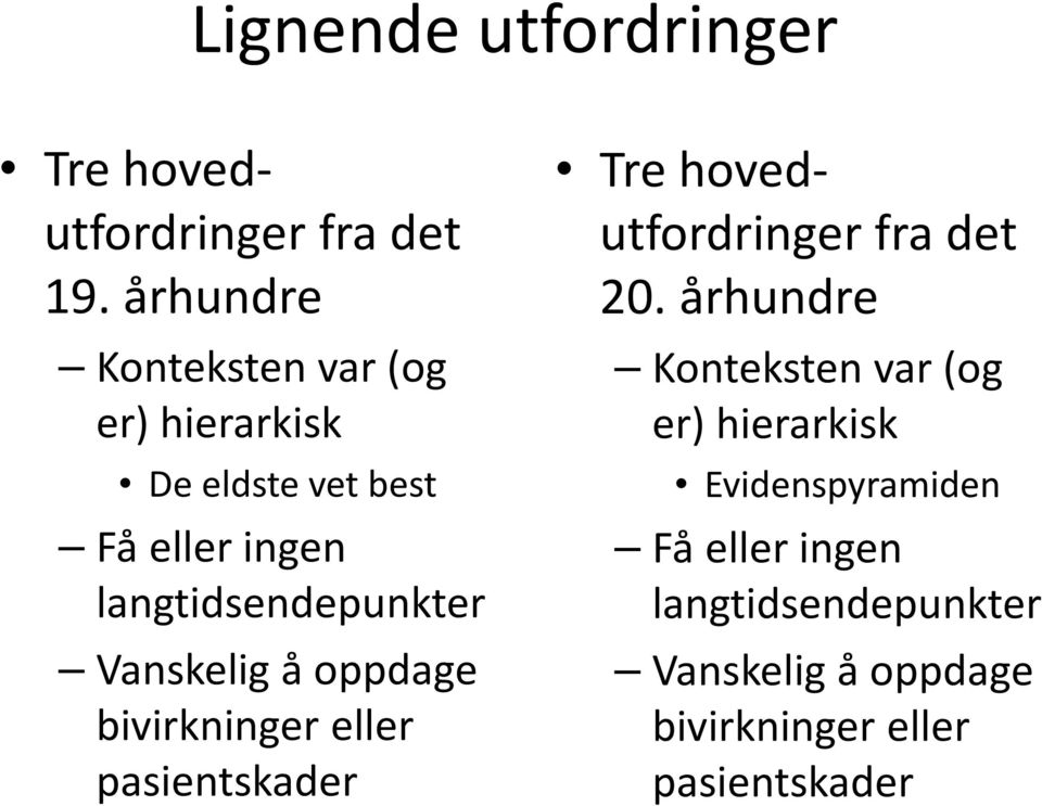 Vanskelig å oppdage bivirkninger eller pasientskader Tre hovedutfordringer fra det 20.