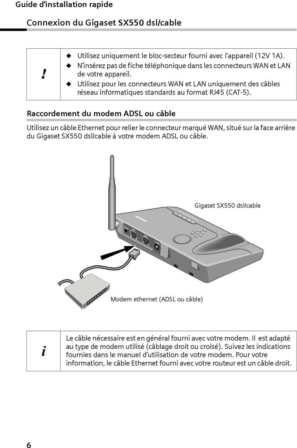 Utilisez pour les connecteurs WAN et LAN uniquement des câbles réseau informatiques standards au format RJ45 (CAT-5).