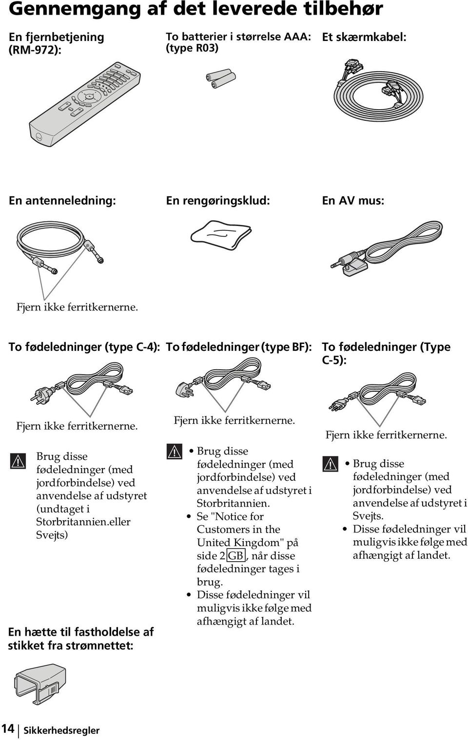 Brug disse fødeledninger (med jordforbindelse) ved anvendelse af udstyret (undtaget i Storbritannien.eller Svejts) En hætte til fastholdelse af stikket fra strømnettet: Fjern ikke ferritkernerne.