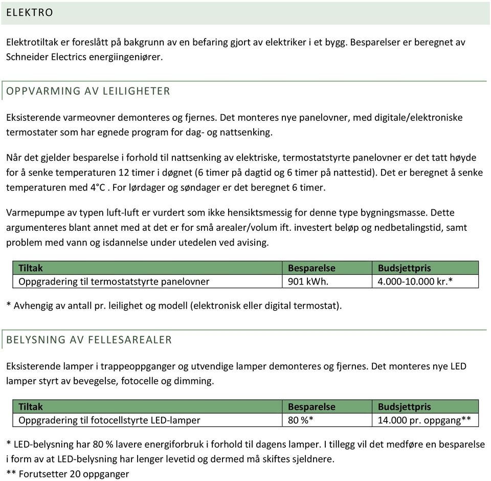 Når det gjelder besparelse i forhold til nattsenking av elektriske, termostatstyrte panelovner er det tatt høyde for å senke temperaturen 12 timer i døgnet (6 timer på dagtid og 6 timer på nattestid).