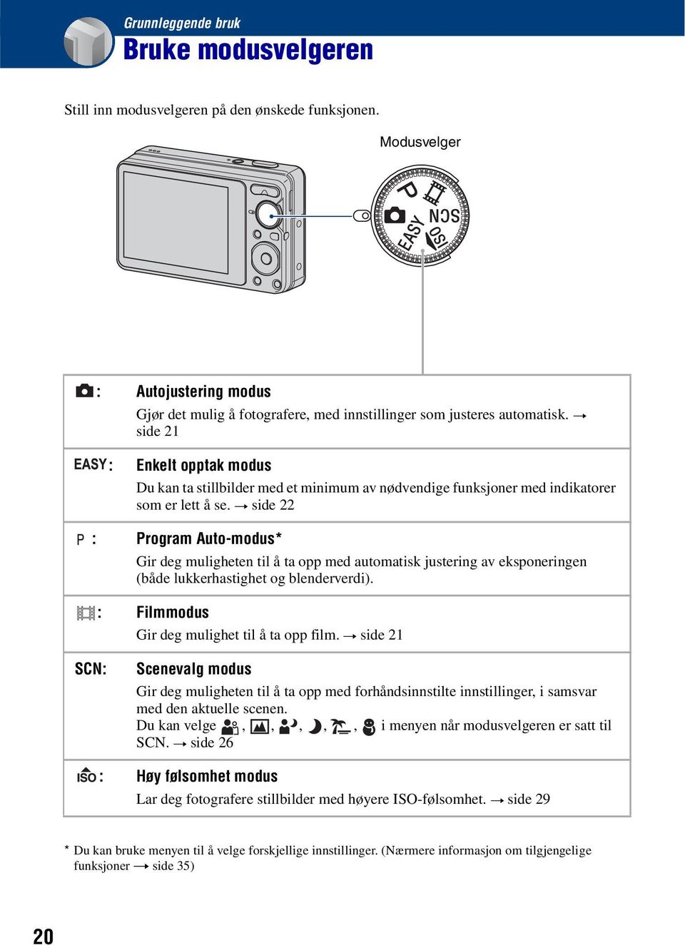 t side 22 : Program Auto-modus* Gir deg muligheten til å ta opp med automatisk justering av eksponeringen (både lukkerhastighet og blenderverdi). : Filmmodus Gir deg mulighet til å ta opp film.