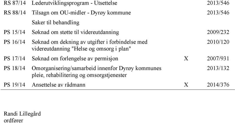 "Helse og omsorg i plan" 2010/120 PS 17/14 Søknad om forlengelse av permisjon X 2007/931 PS 18/14 Omorganisering/samarbeid