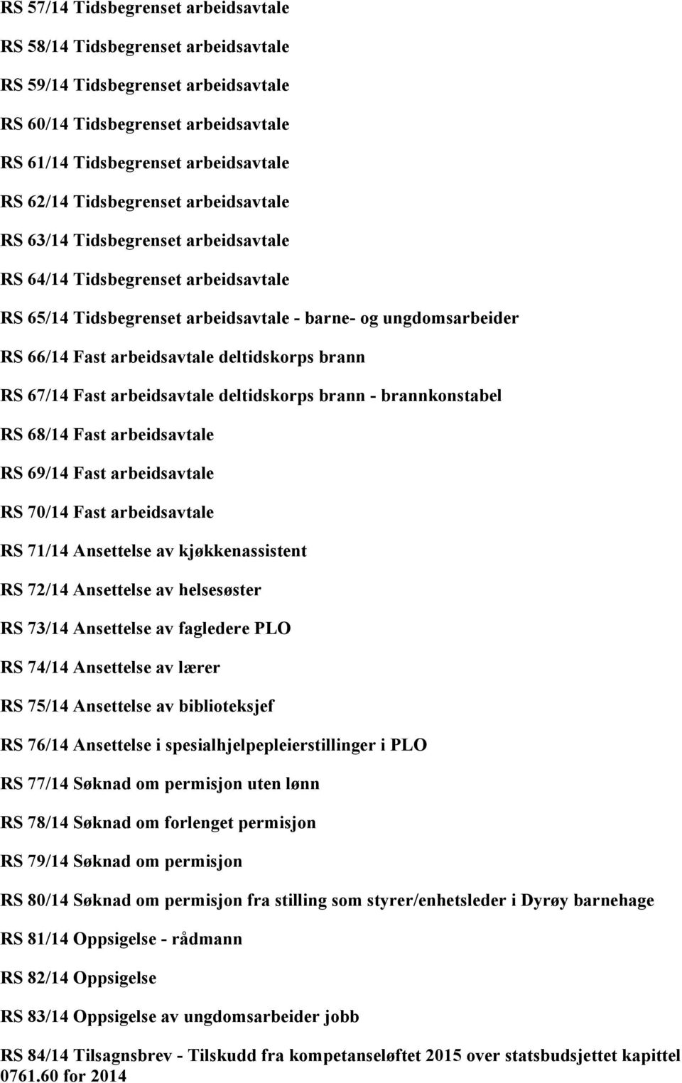 deltidskorps brann RS 67/14 Fast arbeidsavtale deltidskorps brann - brannkonstabel RS 68/14 Fast arbeidsavtale RS 69/14 Fast arbeidsavtale RS 70/14 Fast arbeidsavtale RS 71/14 Ansettelse av