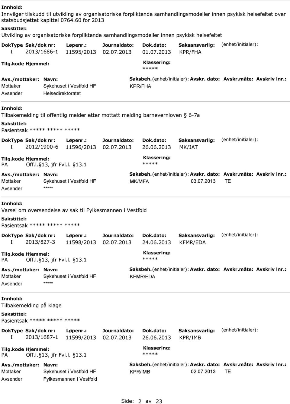 måte: Avskriv lnr.: KPR/FHA Helsedirektoratet nnhold: Tilbakemelding til offentlig melder etter mottatt melding barnevernloven 6-7a Pasientsak 2012/1900-6 11596/2013 MK/JAT Avs.