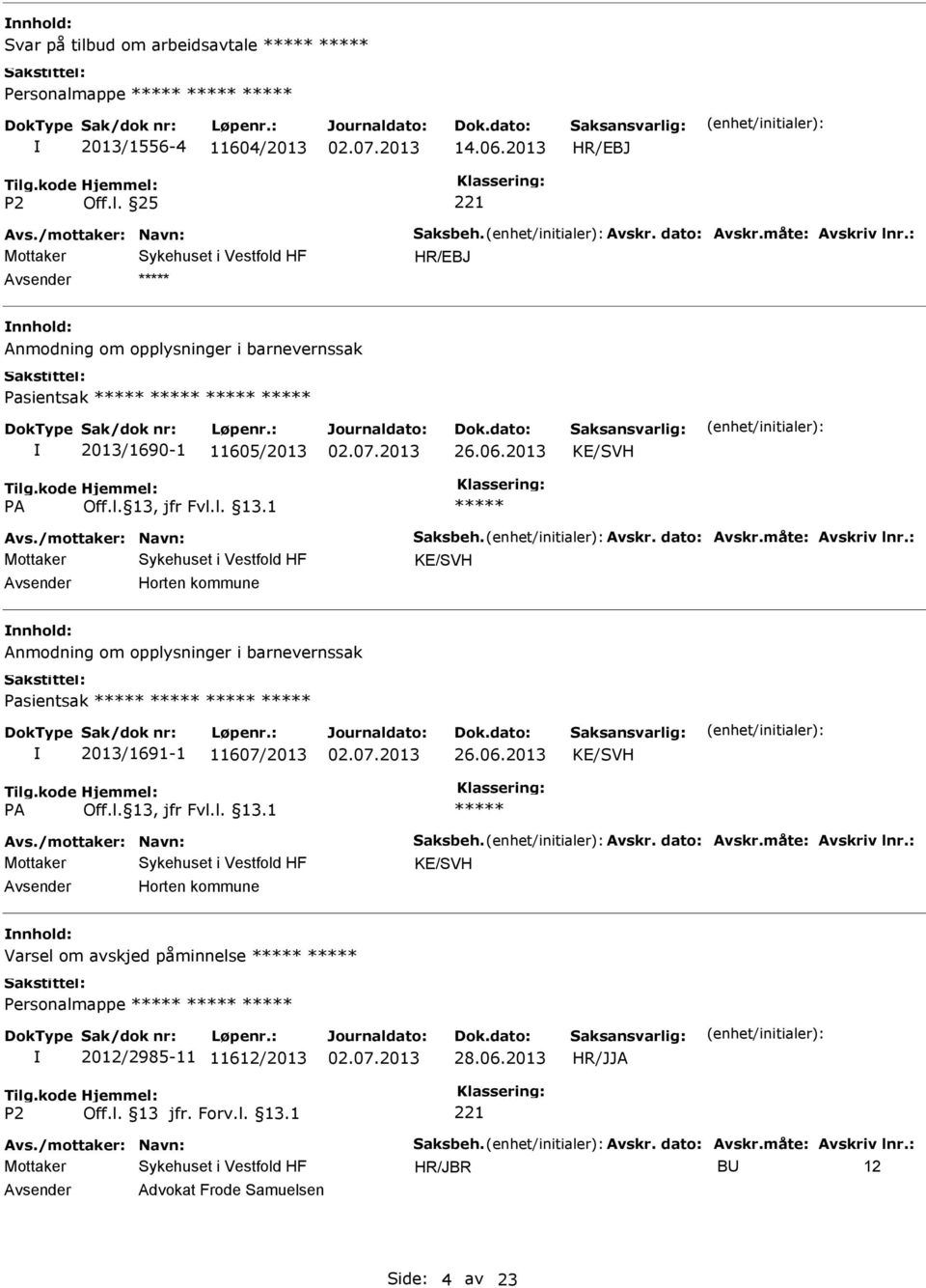 : KE/SVH Horten kommune nnhold: Anmodning om opplysninger i barnevernssak Pasientsak 2013/1691-1 11607/2013 KE/SVH Avs./mottaker: Navn: Saksbeh. Avskr. dato: Avskr.