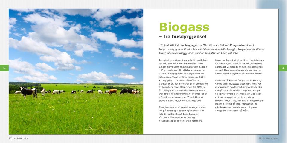 14 Investeringen gjøres i samarbeid med lokale bønder, som både har eierandeler i Oisu Biogas og vil være ansvarlig for den daglige driften i anlegget.