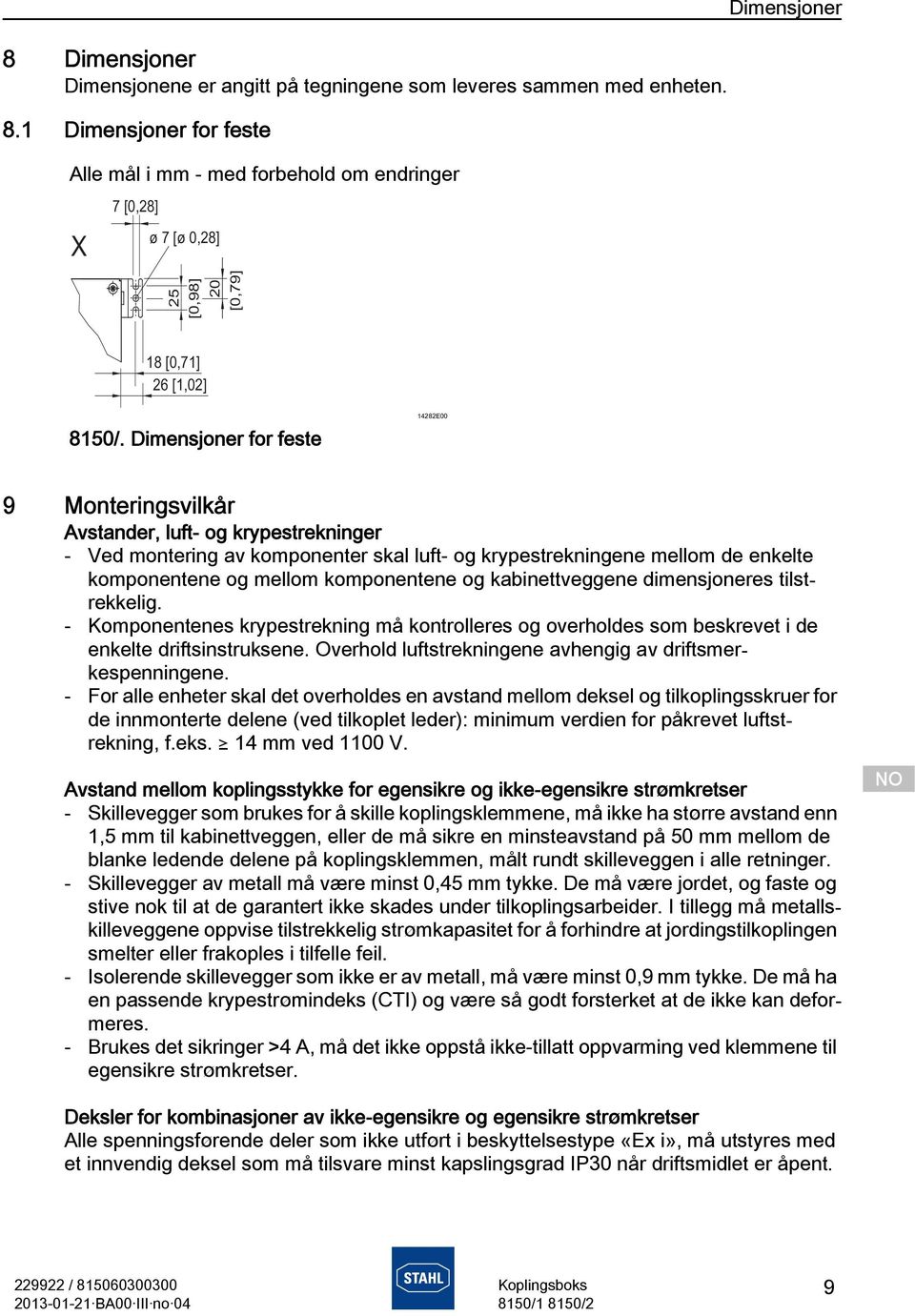 Dimensjoner for feste 14282E00 Dimensjoner 9 Monteringsvilkår Avstander, luft- og krypestrekninger - Ved montering av komponenter skal luft- og krypestrekningene mellom de enkelte komponentene og