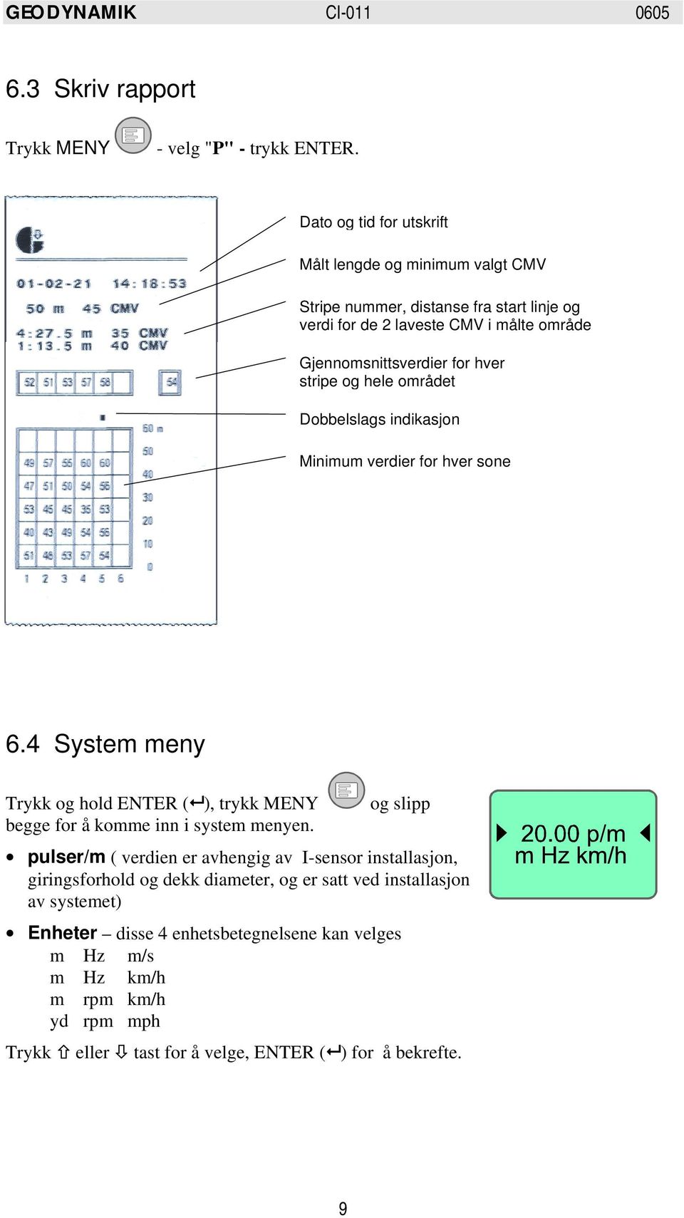 stripe og hele området Dobbelslags indikasjon Minimum verdier for hver sone 6.4 System meny Trykk og hold ENTER (!! ), trykk MENY begge for å komme inn i system menyen.