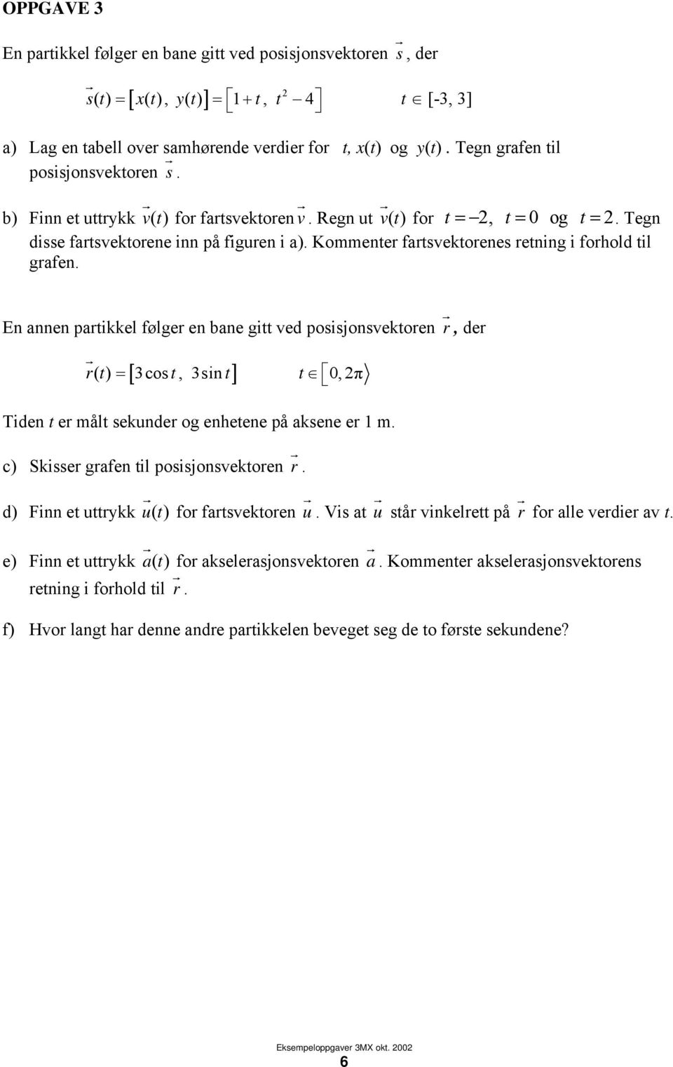 Kommente fatsvektoenes etning i fohold til gafen. En annen patikkel følge en bane gitt ved posisjonsvektoen, de t () = [ 3cos t, 3sint] t 0,2π Tiden t e målt sekunde og enhetene på aksene e 1 m.