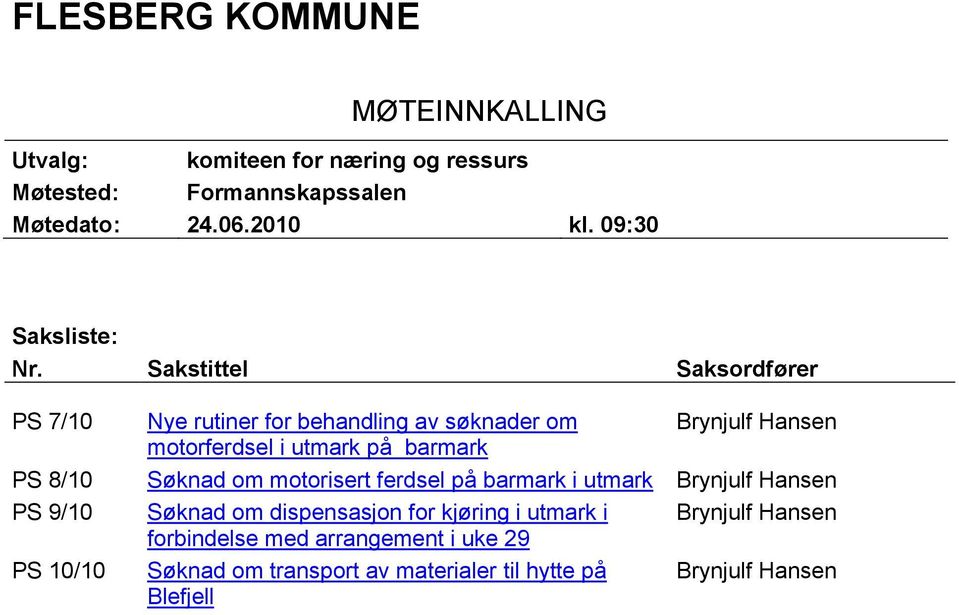 Sakstittel Saksordfører PS 7/10 PS 8/10 PS 9/10 PS 10/10 Nye rutiner for behandling av søknader om Brynjulf Hansen motorferdsel i